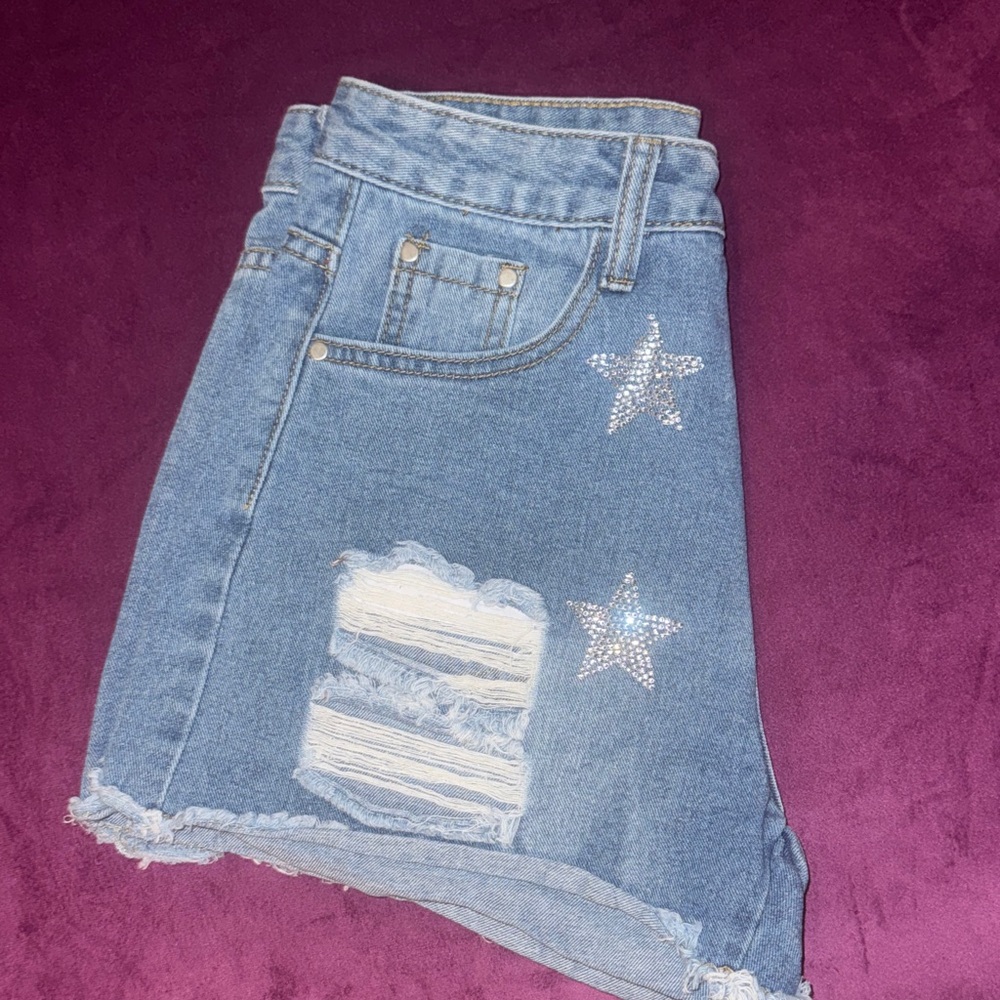 Denim Star-Embellished Women's Shorts Blue Jean Distressed Higheise Cutoff Small - Picture 6 of 11